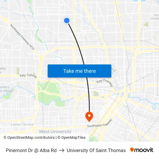 Pinemont Dr @ Alba Rd to University Of Saint Thomas map