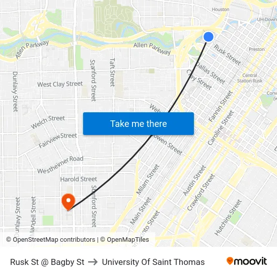 Rusk St @ Bagby St to University Of Saint Thomas map