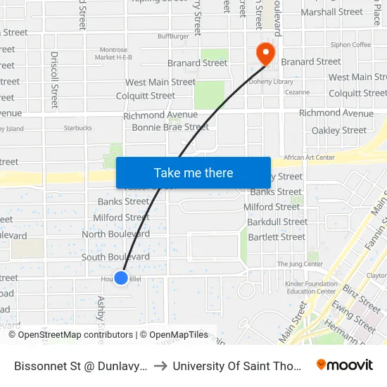 Bissonnet St @ Dunlavy St to University Of Saint Thomas map