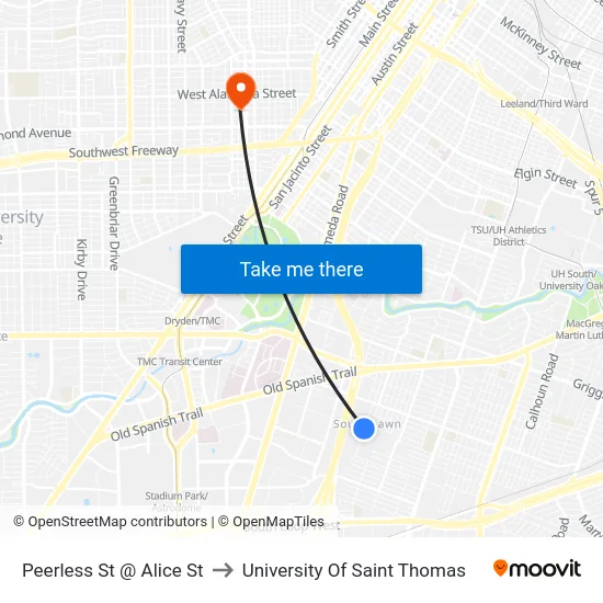 Peerless St @ Alice St to University Of Saint Thomas map
