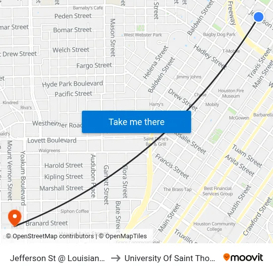 Jefferson St @ Louisiana St to University Of Saint Thomas map
