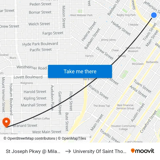 St Joseph Pkwy @ Milam St to University Of Saint Thomas map