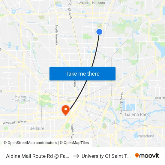 Aldine Mail Route Rd @ Fantasy Dr to University Of Saint Thomas map