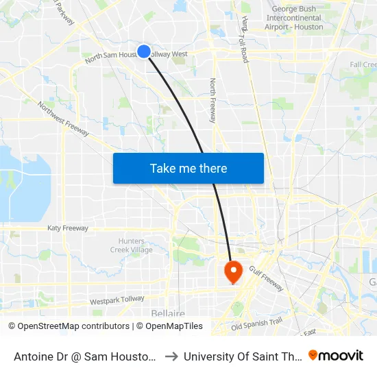 Antoine Dr @ Sam Houston Pkwy to University Of Saint Thomas map
