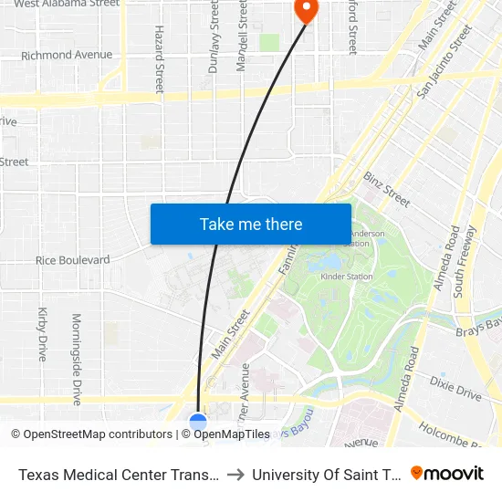 Texas Medical Center Transit Center to University Of Saint Thomas map