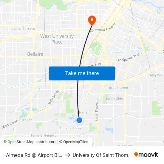 Almeda Rd @ Airport Blvd to University Of Saint Thomas map