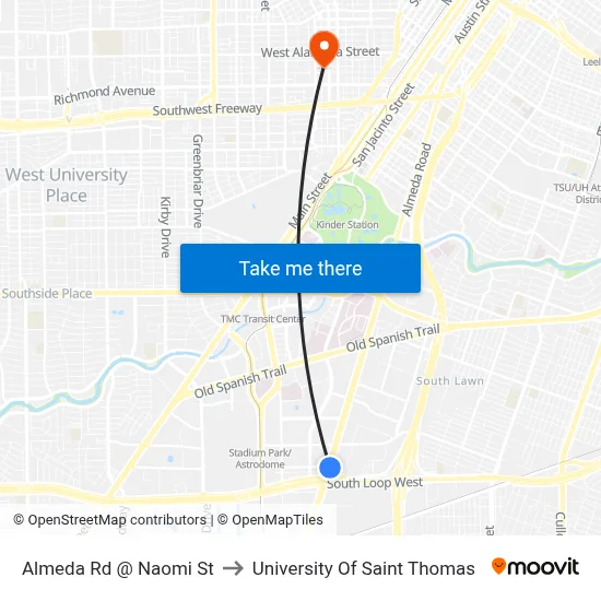 Almeda Rd @ Naomi St to University Of Saint Thomas map