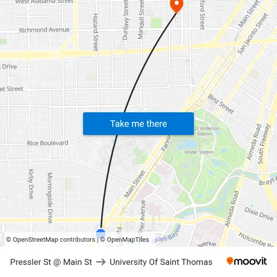 Pressler St @ Main St to University Of Saint Thomas map