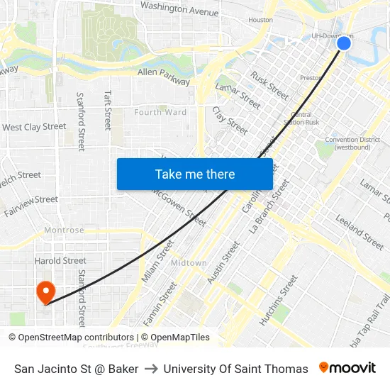 San Jacinto St @ Baker to University Of Saint Thomas map