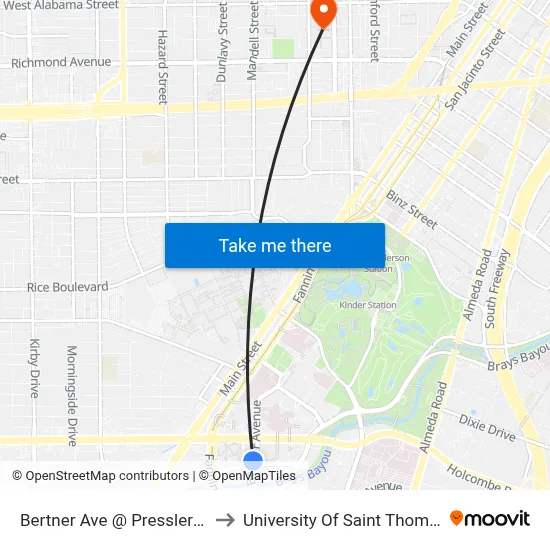 Bertner Ave @ Pressler St to University Of Saint Thomas map