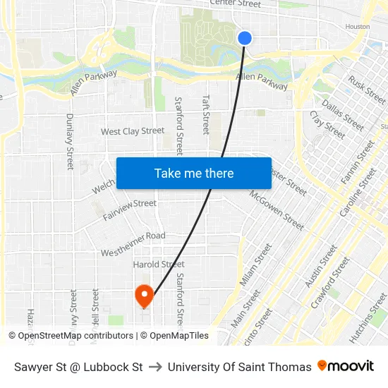 Sawyer St @ Lubbock St to University Of Saint Thomas map