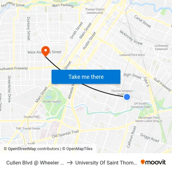 Cullen Blvd @ Wheeler St to University Of Saint Thomas map