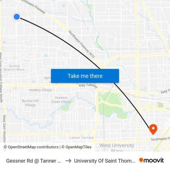 Gessner Rd @ Tanner Rd to University Of Saint Thomas map