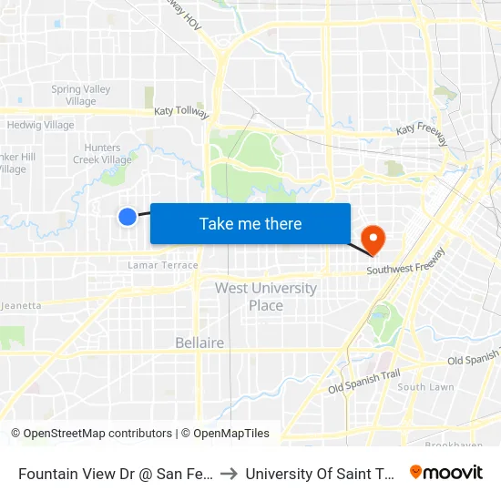 Fountain View Dr @ San Felipe Rd to University Of Saint Thomas map