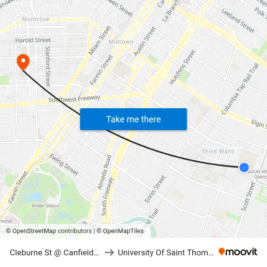Cleburne St @ Canfield St to University Of Saint Thomas map