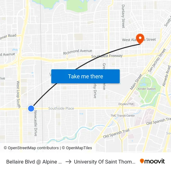 Bellaire Blvd @ Alpine St to University Of Saint Thomas map