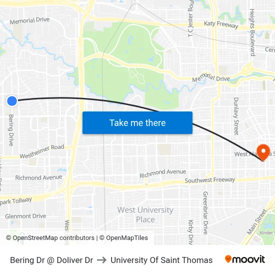 Bering Dr @ Doliver Dr to University Of Saint Thomas map