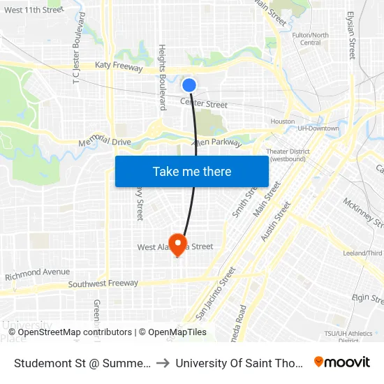 Studemont St @ Summer St to University Of Saint Thomas map