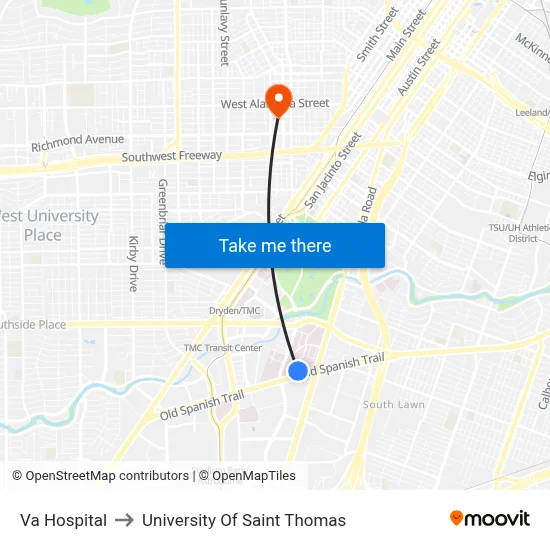 Va Hospital to University Of Saint Thomas map