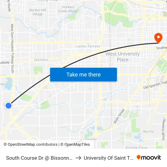 South Course Dr @ Bissonnet St MB to University Of Saint Thomas map