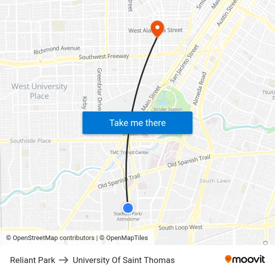 Reliant Park to University Of Saint Thomas map