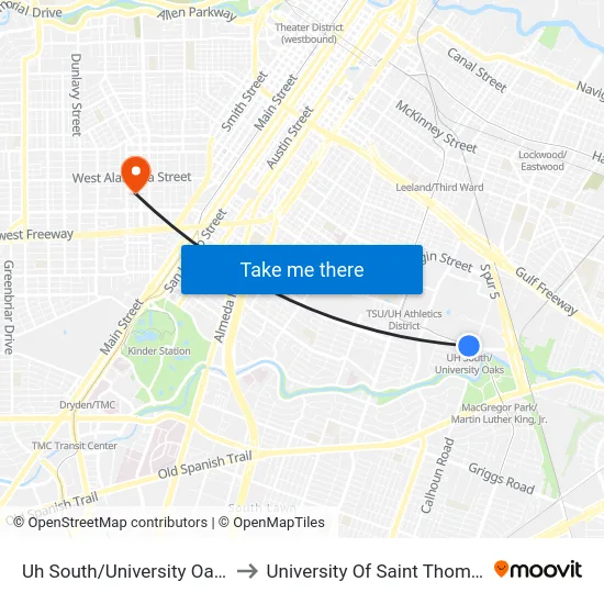 Uh South/University Oaks to University Of Saint Thomas map