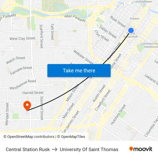 Central Station Rusk to University Of Saint Thomas map