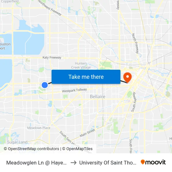 Meadowglen Ln @ Hayes Rd to University Of Saint Thomas map