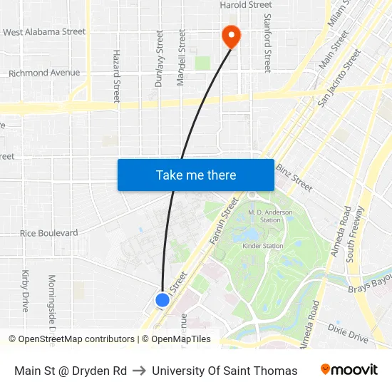 Main St @ Dryden Rd to University Of Saint Thomas map
