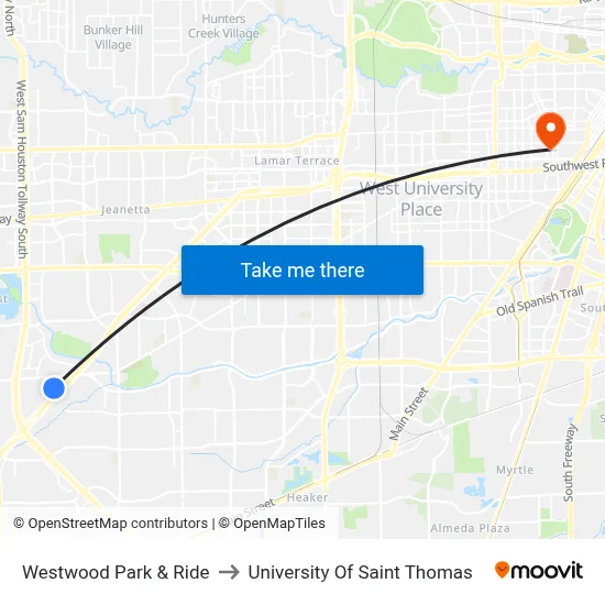 Westwood Park & Ride to University Of Saint Thomas map