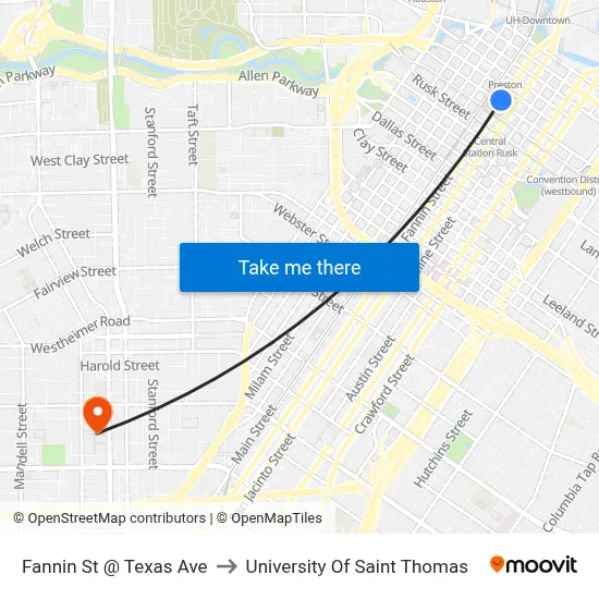 Fannin St @ Texas Ave to University Of Saint Thomas map
