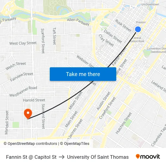 Fannin St @ Capitol St to University Of Saint Thomas map