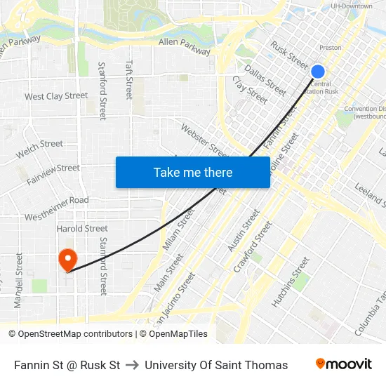 Fannin St @ Rusk St to University Of Saint Thomas map