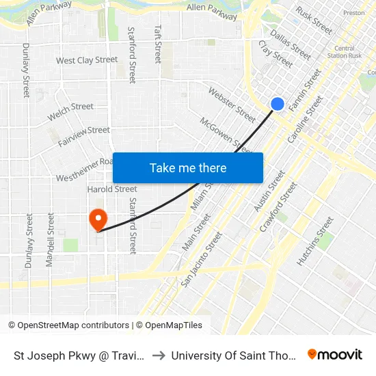 St Joseph Pkwy @ Travis St to University Of Saint Thomas map