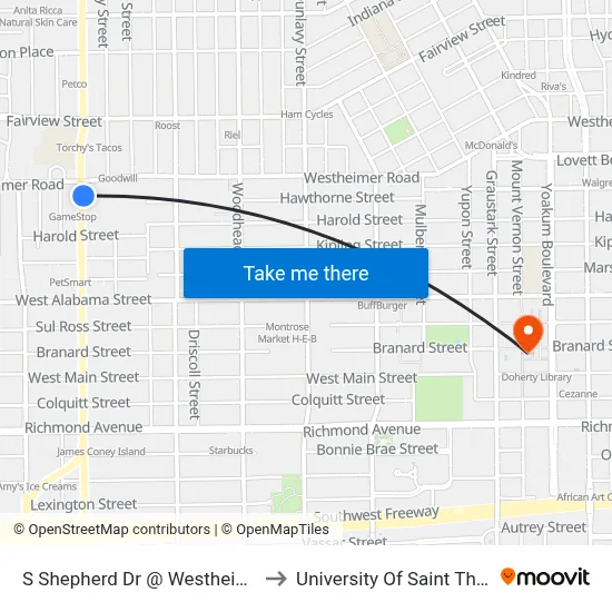 S Shepherd Dr @ Westheimer Rd to University Of Saint Thomas map
