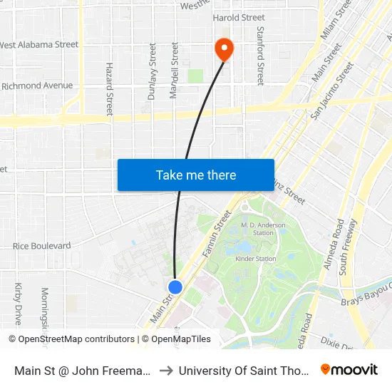 Main St @ John Freeman St to University Of Saint Thomas map