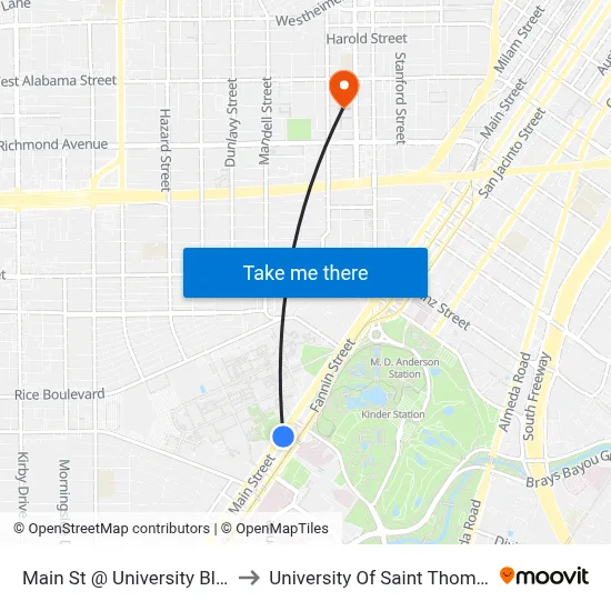 Main St @ University Blvd to University Of Saint Thomas map