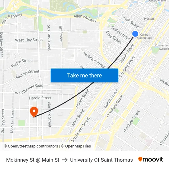 Mckinney St @ Main St to University Of Saint Thomas map