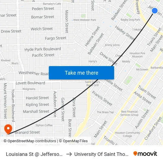 Louisiana St @ Jefferson St to University Of Saint Thomas map