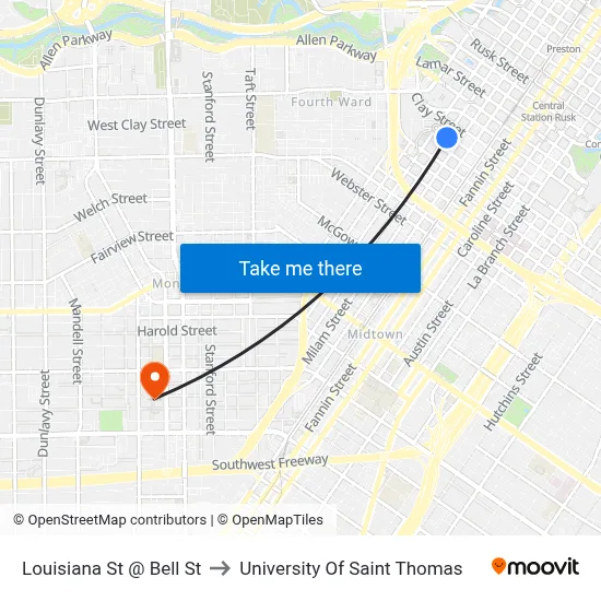 Louisiana St @ Bell St to University Of Saint Thomas map
