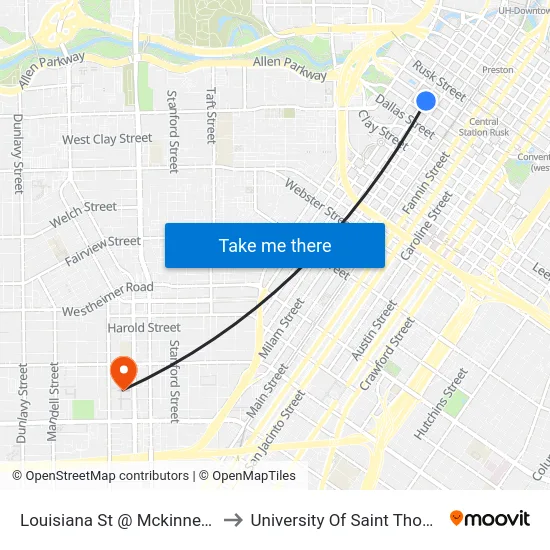 Louisiana St @ Mckinney St to University Of Saint Thomas map