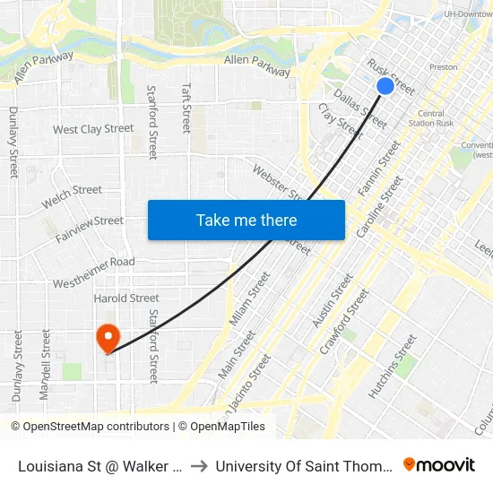 Louisiana St @ Walker St to University Of Saint Thomas map