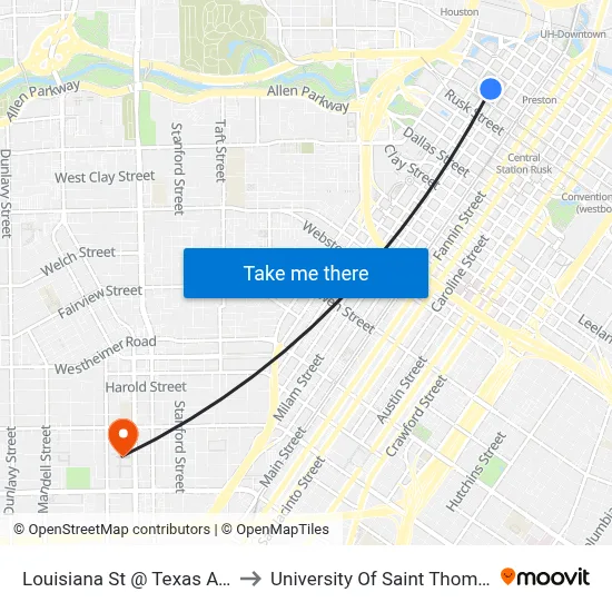 Louisiana St @ Texas Ave to University Of Saint Thomas map
