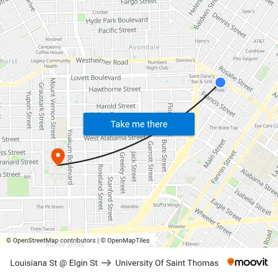 Louisiana St @ Elgin St to University Of Saint Thomas map