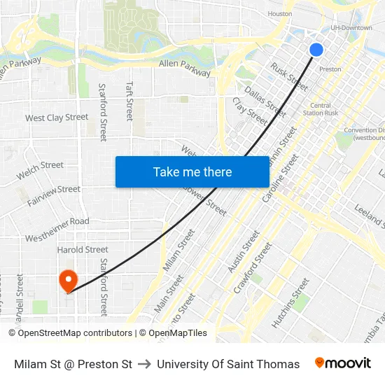 Milam St @ Preston St to University Of Saint Thomas map