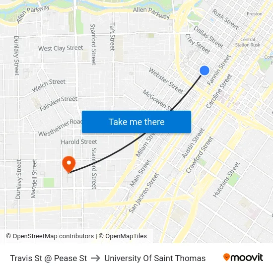 Travis St @ Pease St to University Of Saint Thomas map