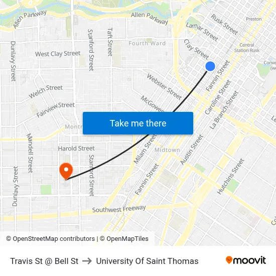 Travis St @ Bell St to University Of Saint Thomas map
