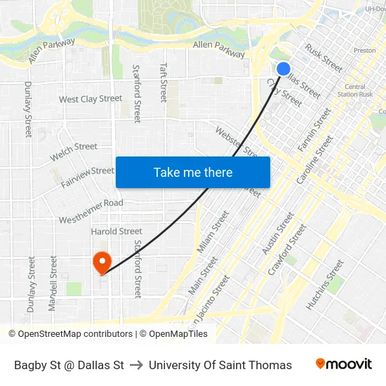 Bagby St @ Dallas St to University Of Saint Thomas map