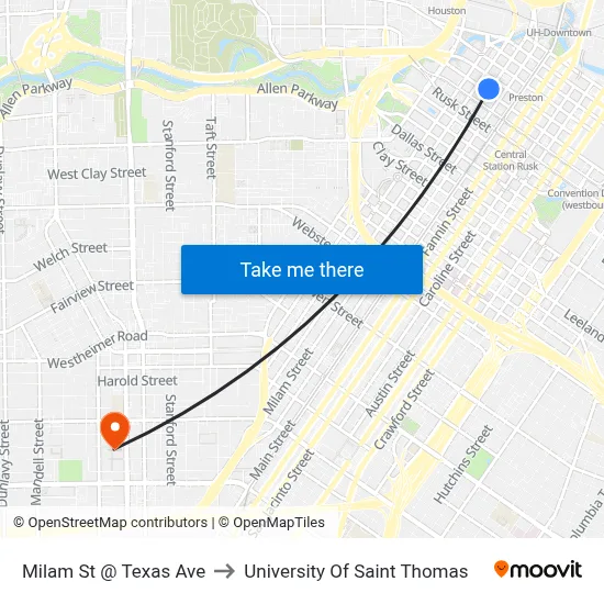 Milam St @ Texas Ave to University Of Saint Thomas map