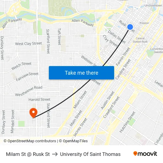 Milam St @ Rusk St to University Of Saint Thomas map